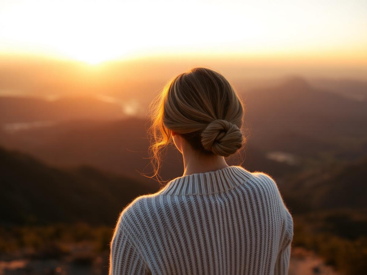 A woman in a cream sweater looking toward a sunrise over mountains